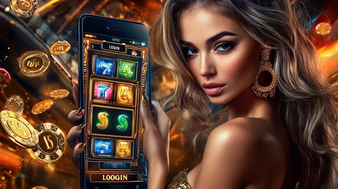 A glamorous blonde woman in a golden dress holds a smartphone with a winning slot combination on the 2855BET app, surrounded by a shower of gold coins and sparkling lights.