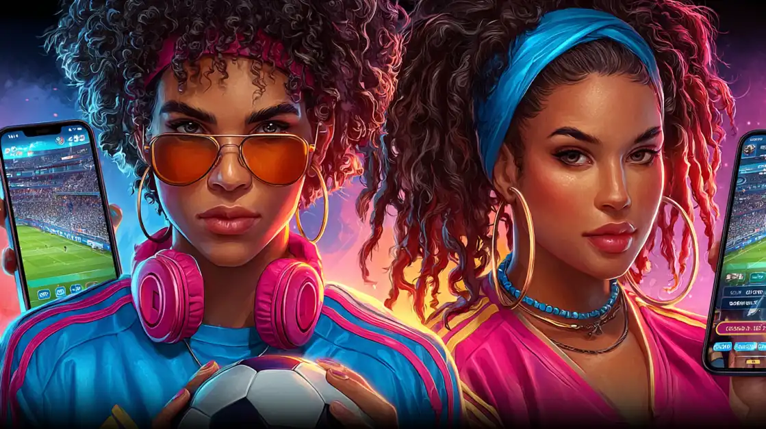 Two stylish women with curly hair and colorful tracksuits hold smartphones displaying a live soccer match, ready to bet on their favorite teams with the easy-to-use 2855BET sports app.