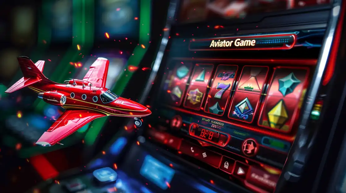 A red plane from the 'Aviator Game' is integrated into a slot machine interface, blending classic slot action with modern crash game thrills for a unique experience at 2855BET.