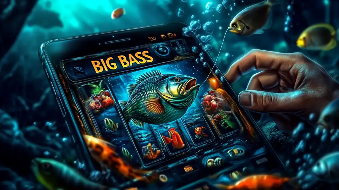 A hand holds a smartphone displaying the 'Big Bass' slot game, with a large bass fish appearing to jump out of the screen. Reel in the biggest catch and win big at 2855BET.