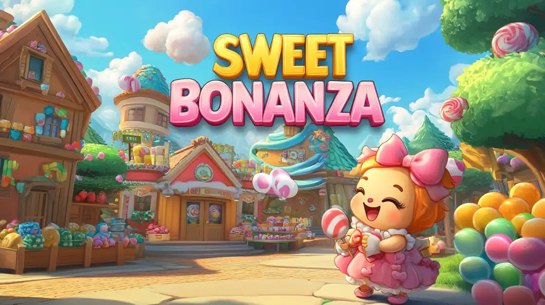 A cute cartoon girl from the 'Sweet Bonanza' slot game walks through a colorful candy village, inviting you to get a taste of the deliciously big wins available at 2855BET.