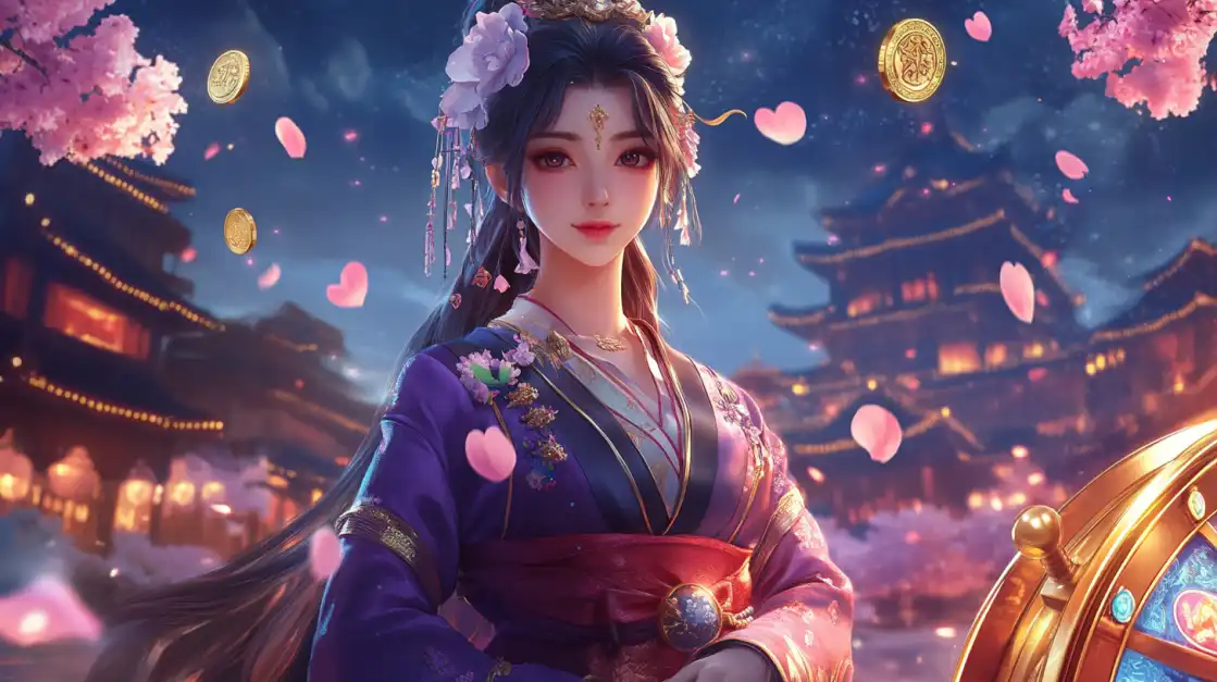 A beautiful goddess in traditional Asian attire is surrounded by floating petals, hearts, and golden coins, representing the enchanting and romantic slot games at 2855BET.