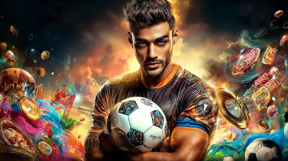 An intense male soccer player holds a highly detailed ball, with a colorful, explosive background of casino elements, blending the thrilling worlds of sports and gaming at 2855BET.