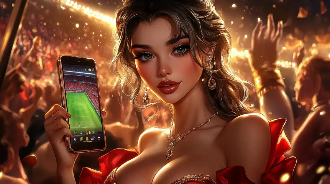 A glamorous woman in a red dress holds a smartphone displaying a live soccer match in a packed stadium, showcasing the immersive mobile sports betting experience on the 2855BET app.