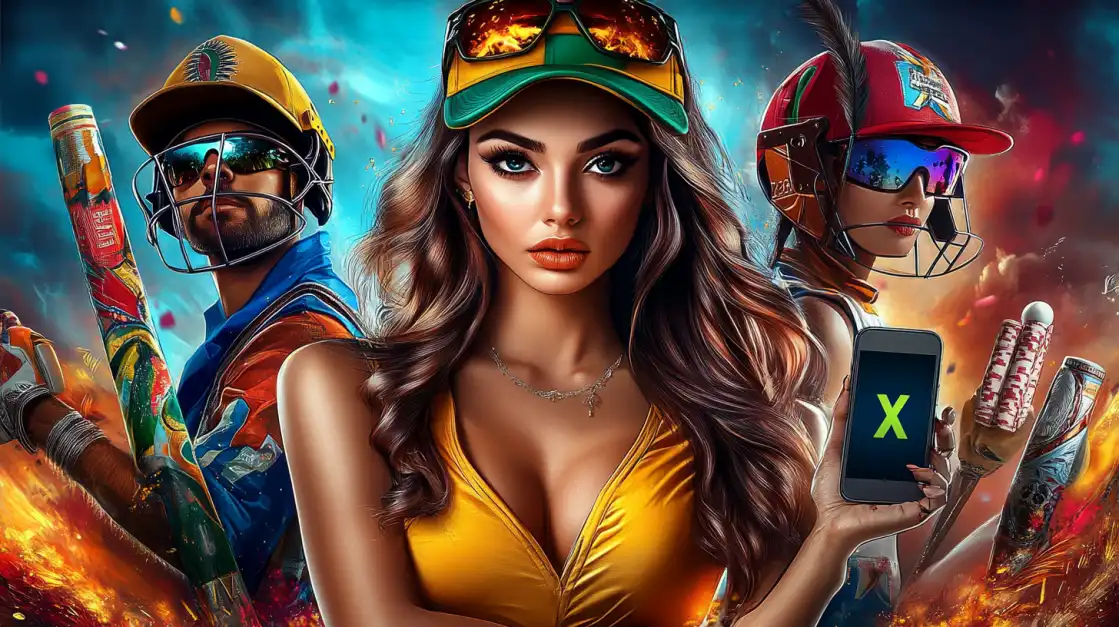 A stylish woman in a yellow top and sunglasses holds a phone between two cricket players in a fiery stadium, showcasing the exciting world of cricket betting on the 2855BET platform.