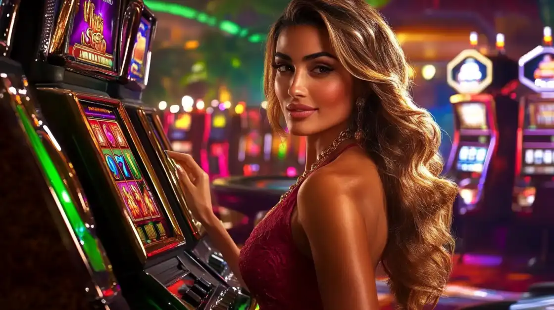 A beautiful woman with long blonde hair smiles while playing a classic 777 slot machine in a brightly lit, luxurious casino, enjoying the thrilling atmosphere at 2855BET.