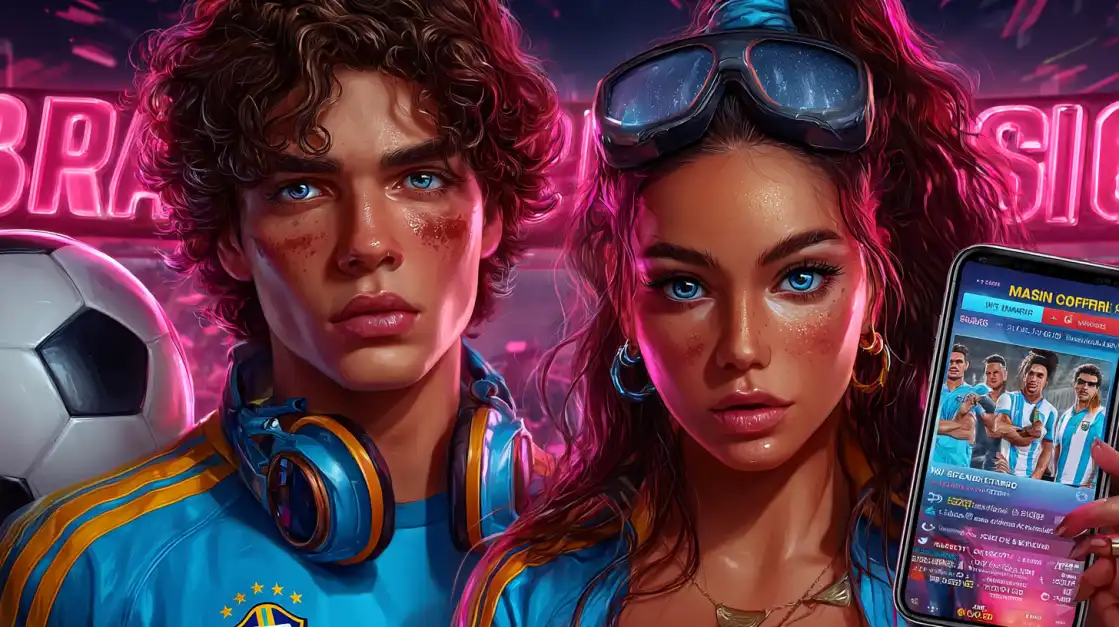 A cool couple with curly hair and headphones holds a soccer ball and a phone with the 2855BET app, ready to bet on their favorite Brazilian teams, with a neon sign in the background.