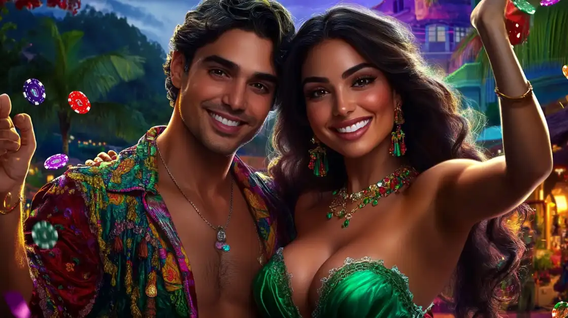 An attractive, happy couple in vibrant, colorful attire smiles and celebrates at a festive outdoor party, with poker chips floating in the air. Join the winning celebration at 2855BET.