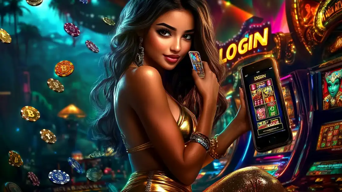 A beautiful woman in a golden outfit holds a smartphone with the 2855BET login screen and a poker chip in a jungle-themed casino with floating bitcoins. Log in for wild wins.