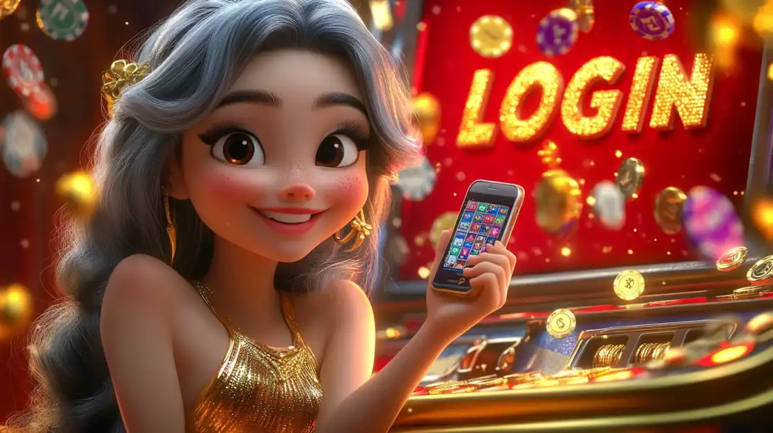 A cute cartoon princess with silver hair and a golden dress holds a phone with the 2855BET app next to a bright red slot machine with a 'LOGIN' sign, ready for a fun gaming session.