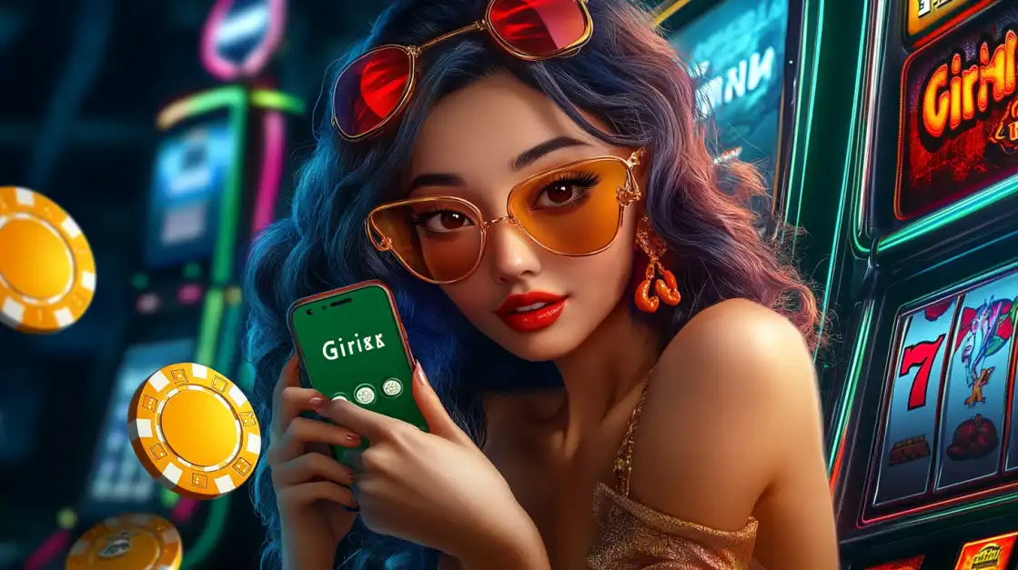 A chic woman with blue hair and stylish sunglasses holds a green smartphone, enjoying the retro vibes and classic 777 slot machine fun at the 2855BET online casino.