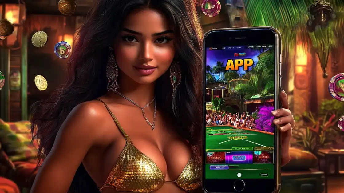 A lovely woman in a golden top holds up a smartphone displaying the 2855BET app, which features a tropical-themed live dealer game, all set in a lively and festive party atmosphere.