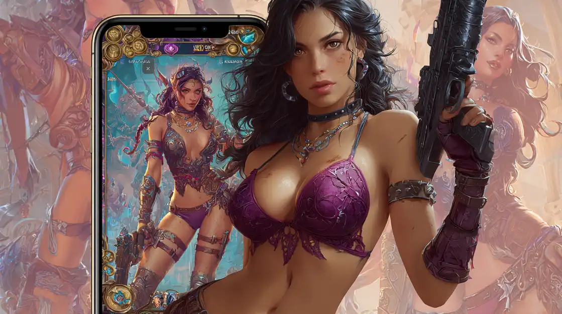 A powerful female warrior in ornate purple armor holds a rifle, with her image also displayed on a smartphone screen, showcasing the thrilling adventure slots on the 2855BET app.