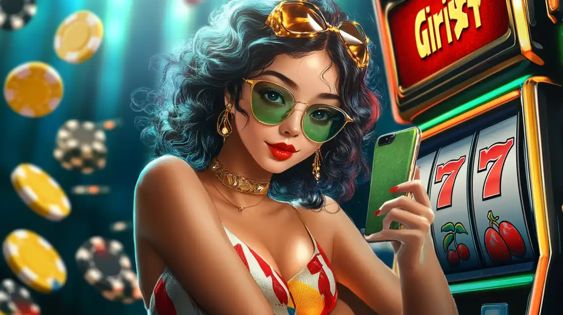 A stylish woman with curly hair and cool sunglasses holds a green phone next to a classic 777 slot machine, enjoying the wide variety of modern and retro slots available at 2855BET.